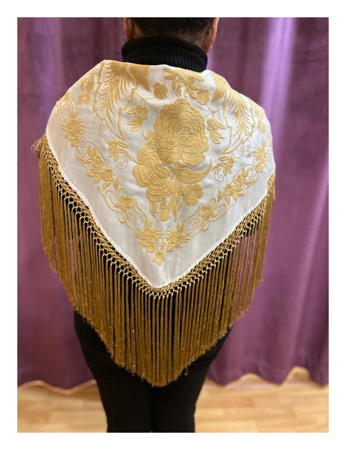 Mantón Niña Blanco Roto y Fleco Dorado 