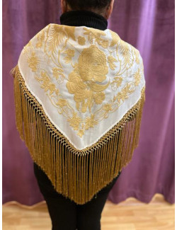 Mantón Niña Blanco Roto y Fleco Dorado 