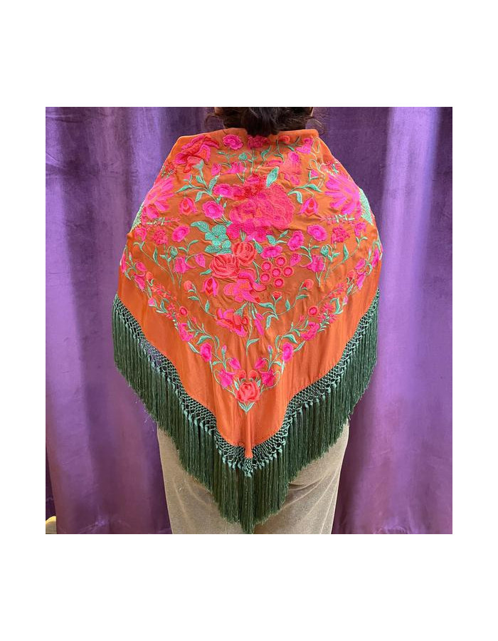 Mantón Mujer Naranja y Fleco Verde