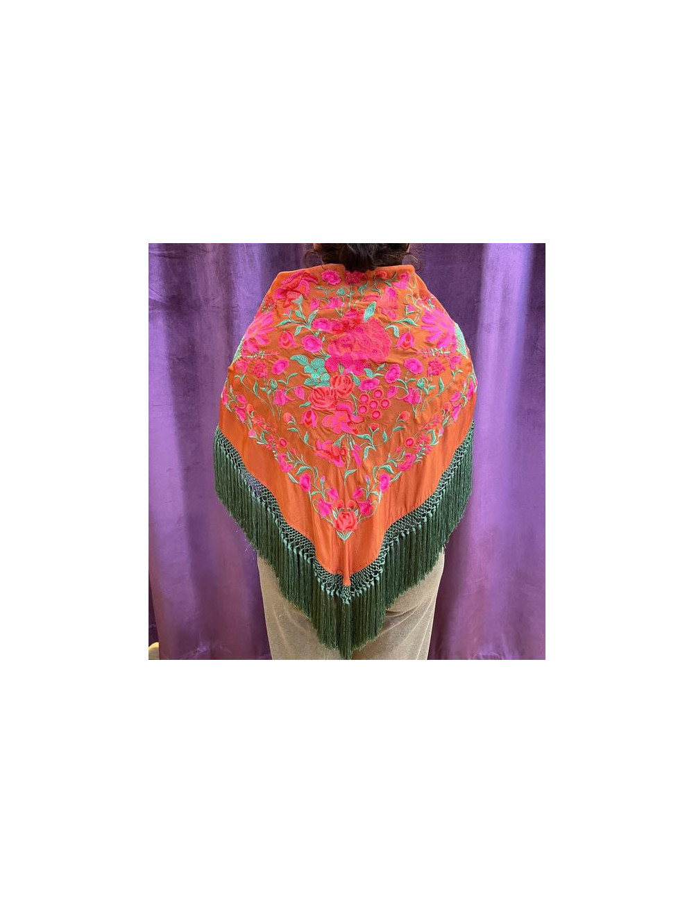Mantón Mujer Naranja y Fleco Verde 