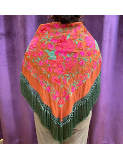 Mantón Mujer Naranja y Fleco Verde 