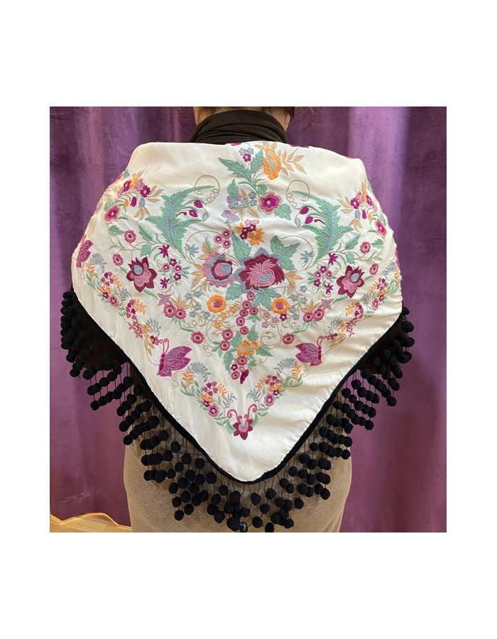 Mantón Mujer Blanco Roto Fleco Madroños